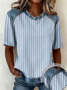 EMERY ROSE Camiseta de manga corta con cuello redondo y rayas para mujer de talla grande - Multicolor - Ver 1