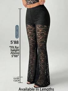 SHEIN Tall CURVE 大码女式透视裤，蕾丝打底裤，喇叭裤，透视裤，黑色性感女裤，夏季女式演唱会服装，锐舞派对服装 - 黑色 - 查看 2