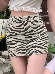 Joudiya 女士动物纹牛仔迷你裙，适合夏季、秋季、春季、音乐节、度假、街头穿着 - 卡其色 - 查看 2