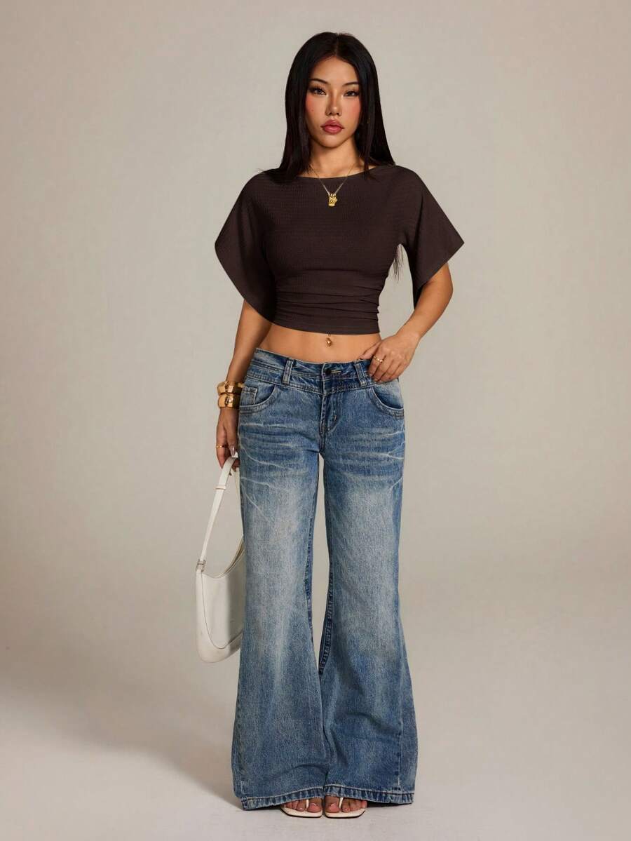 SHEIN PETITE Apricot Knit Batwing Short Sleeve Cropped T-Shirt For Women - Brown - View 1