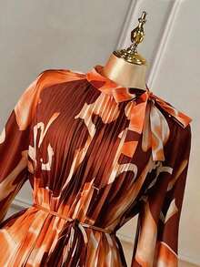 Rometta Plus Size Women's Stand Collar Pleated Waist Knot Design Casual Party Dress - Multicolor - View 3