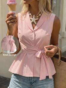 SHEIN PariChic Blusa sin mangas de unicolor con lazo en la cintura, estilo de commuter francés, adecuada para el Día de la Madre, reuniones familiares, ir al trabajo y atuendos elegantes - Rosa - Ver 1