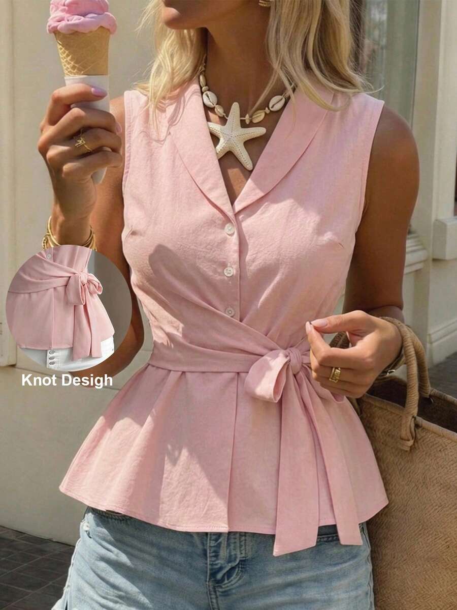 SHEIN PariChic Blusa sin mangas de unicolor con lazo en la cintura, estilo de commuter francés, adecuada para el Día de la Madre, reuniones familiares, ir al trabajo y atuendos elegantes - Rosa - Ver 1