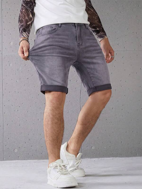 Manfinity Homme 男款腰部鈕扣拉鍊口袋捲邊時尚牛仔短褲