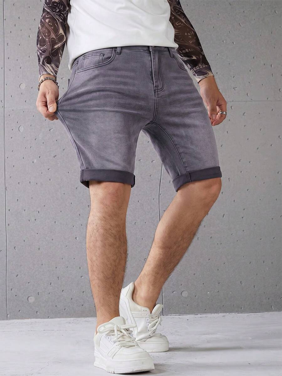 Manfinity Homme 男款腰部鈕扣拉鍊口袋捲邊時尚牛仔短褲 - 淺灰紫 - 查看 1