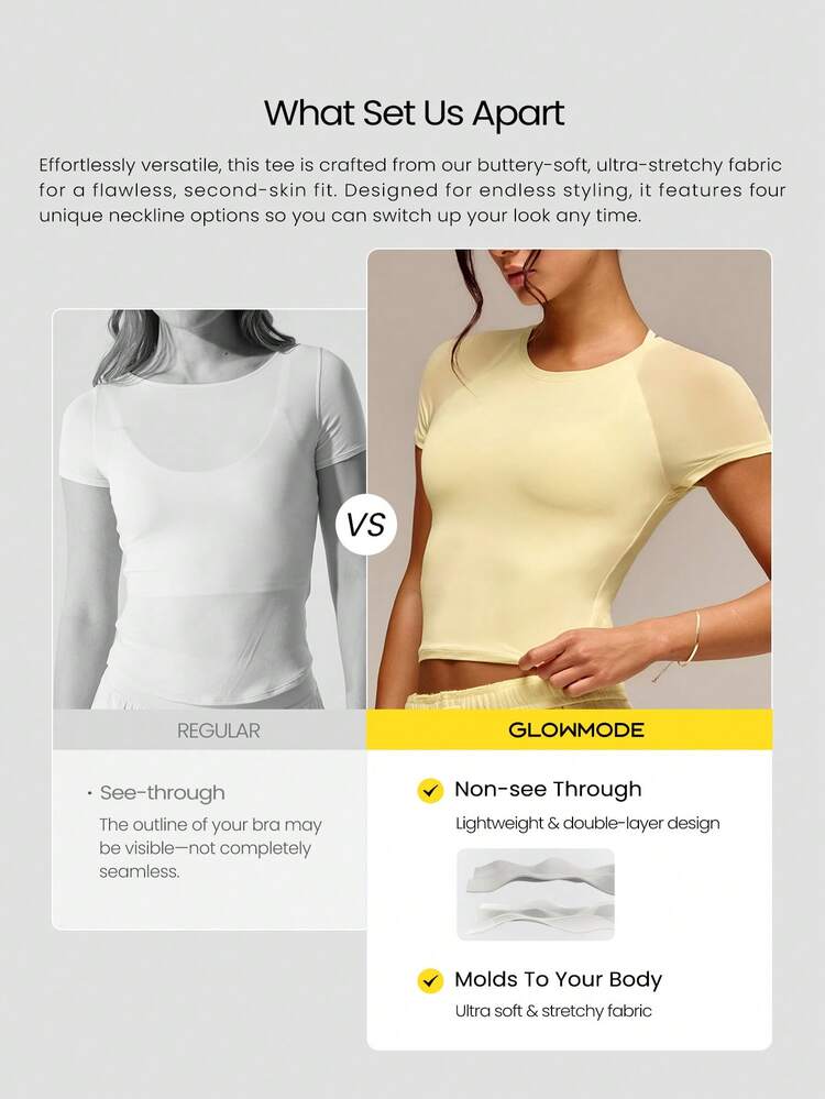 Glow Era Soft Stretchy Round Neck Slim Fit Cropped Short Sleeve Active Crewneck Tee Low-Impact Yoga Pilates Gym Studio Daily Casual Wear