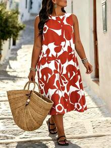 EMERY ROSE Plus Size Women Casual Printed Round Neck Dress, Suitable For Daily Wear & Vacation - Orange - View 7
