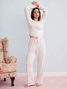 Elorette Polka Dot Drop Shoulder Bow Front PJ Set / Pajama Set White Set, Fall Winter Clothes Cozy And Elegant Details - White - View 2
