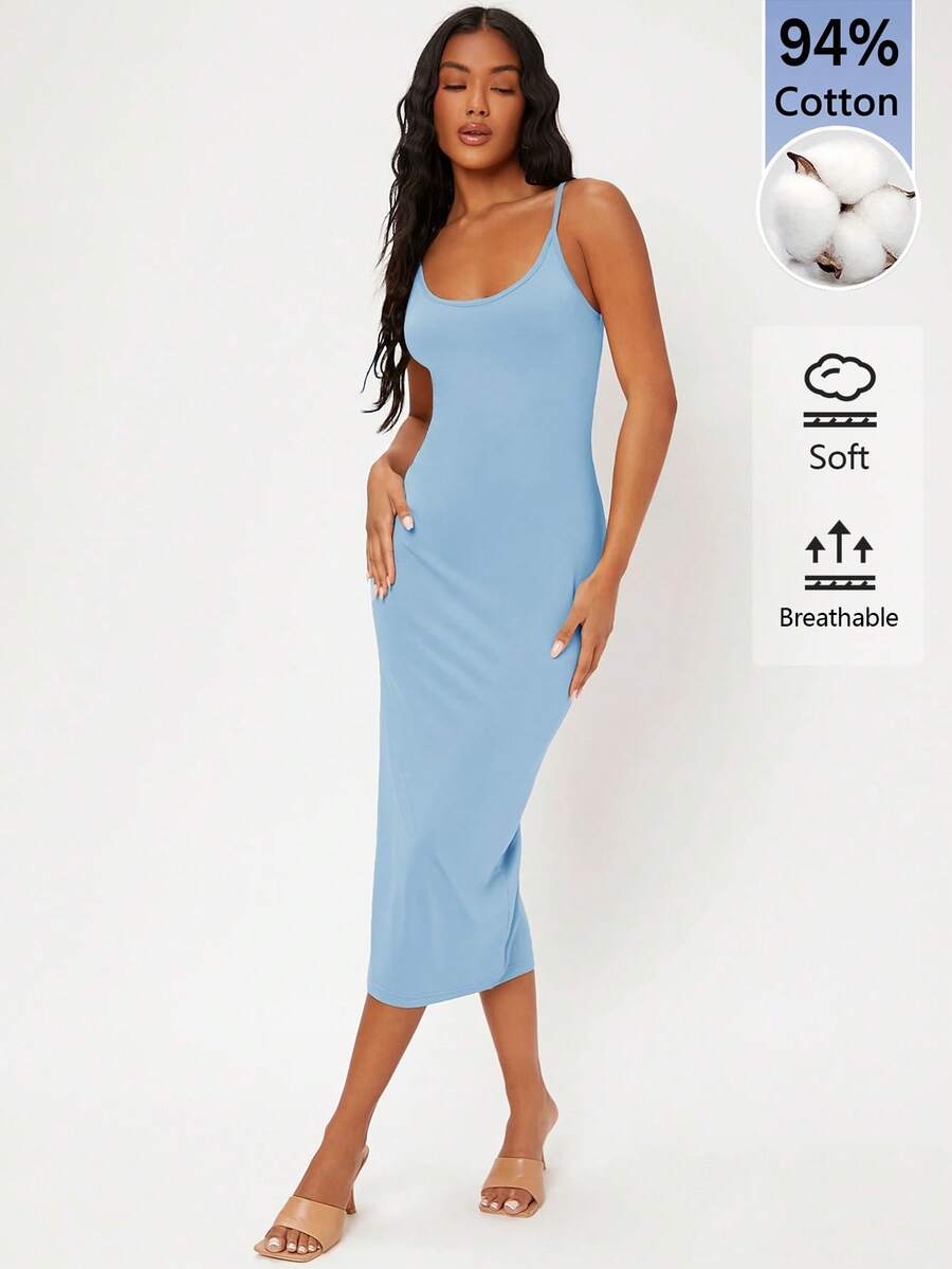 SHEIN BASICS 女款素色貼身優雅細肩帶洋裝 - 灰藍色 - 查看 1