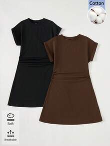 SHEIN BASICS 女款純色圓領蝙蝠袖休閒迷你洋裝 - 彩色 - 查看 3