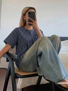 DAZY 女款素色寬鬆短袖圓領百褶休閒度假夏季襯衫上衣 - 藍色 - 查看 5