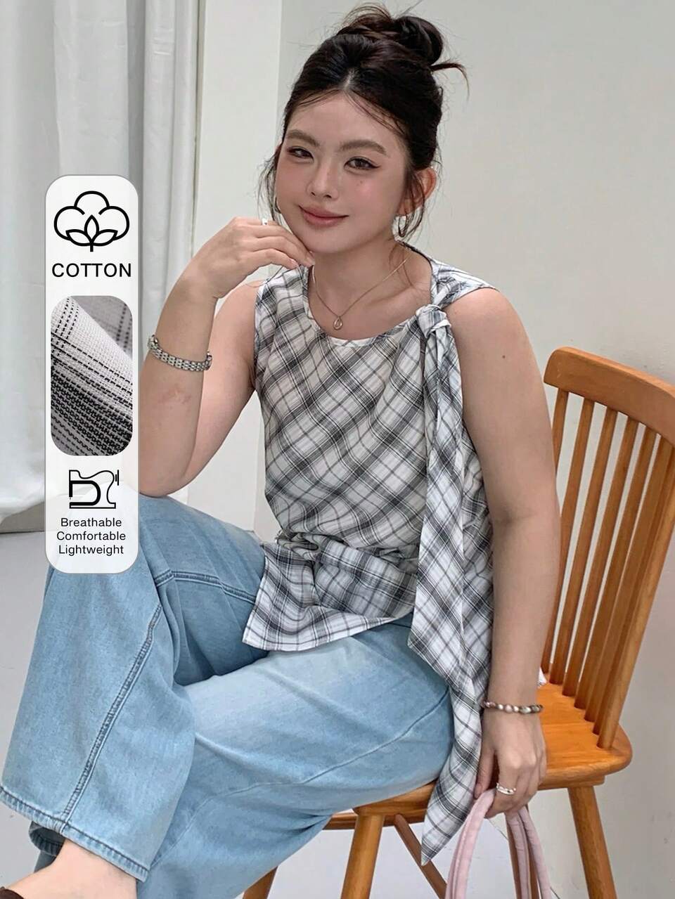 Dazy Plus Round Neck Ribbon Tie Plaid Korean Style Sleeveless Bow Casual Plus Size Women's Spring/Summer Shirt With Slit Hem Graphic Tee