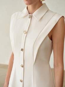 MOTF PREMIUM WOMEN'S SOLID COLOR BUCKLE DECOR SLEEVELESS COMMUTER WHITE SHORT DRESS - Apricot - View 5