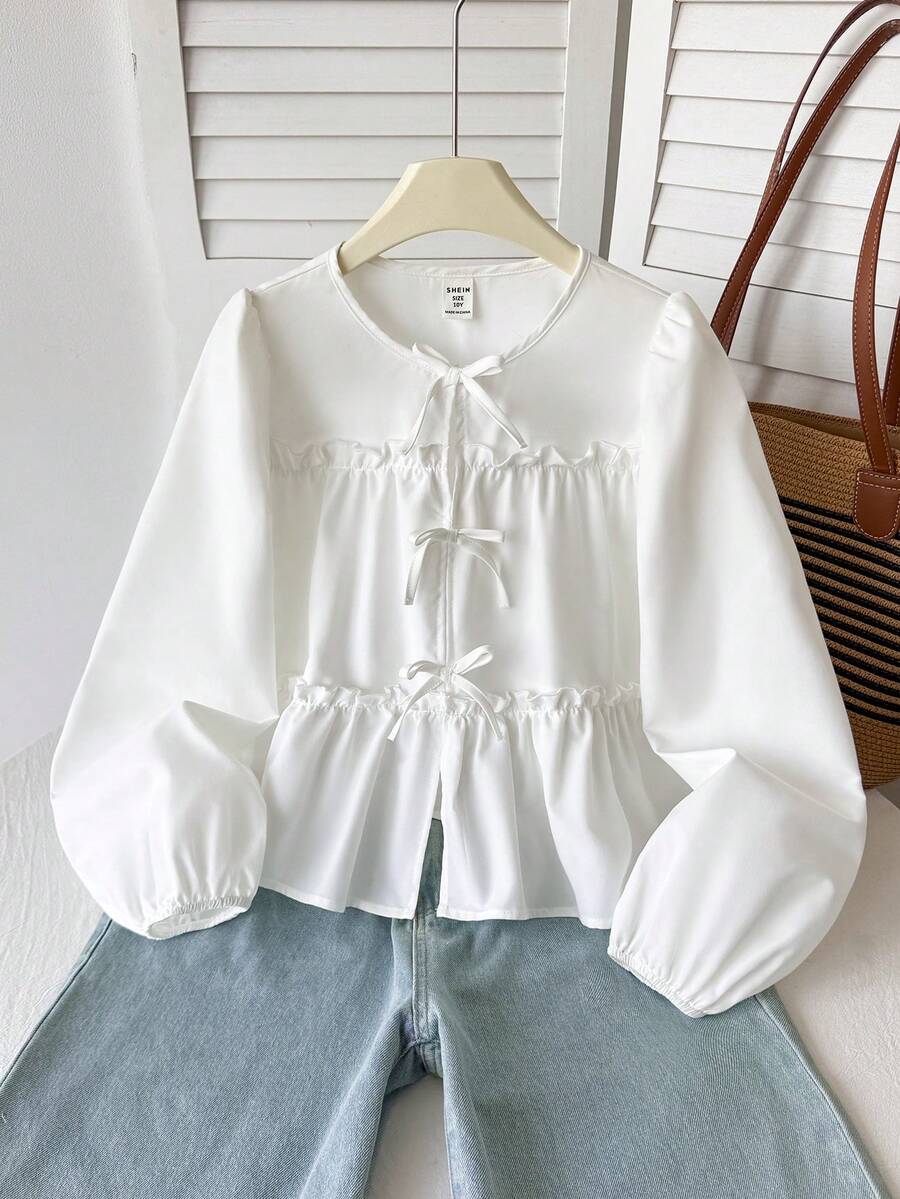 SHEIN 少女休閒簡約舒適圓領長袖蝴蝶結紋理布料上衣 返校季 - 白色 - 查看 1