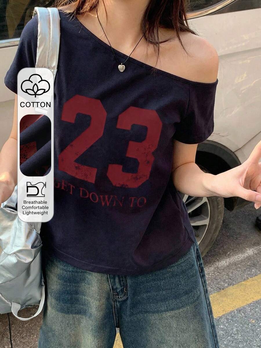 DAZY 女款對比色字母貼帶裝飾修身休閒街頭風運動圖案T恤 夏季 - 藏蓝色 - 查看 1