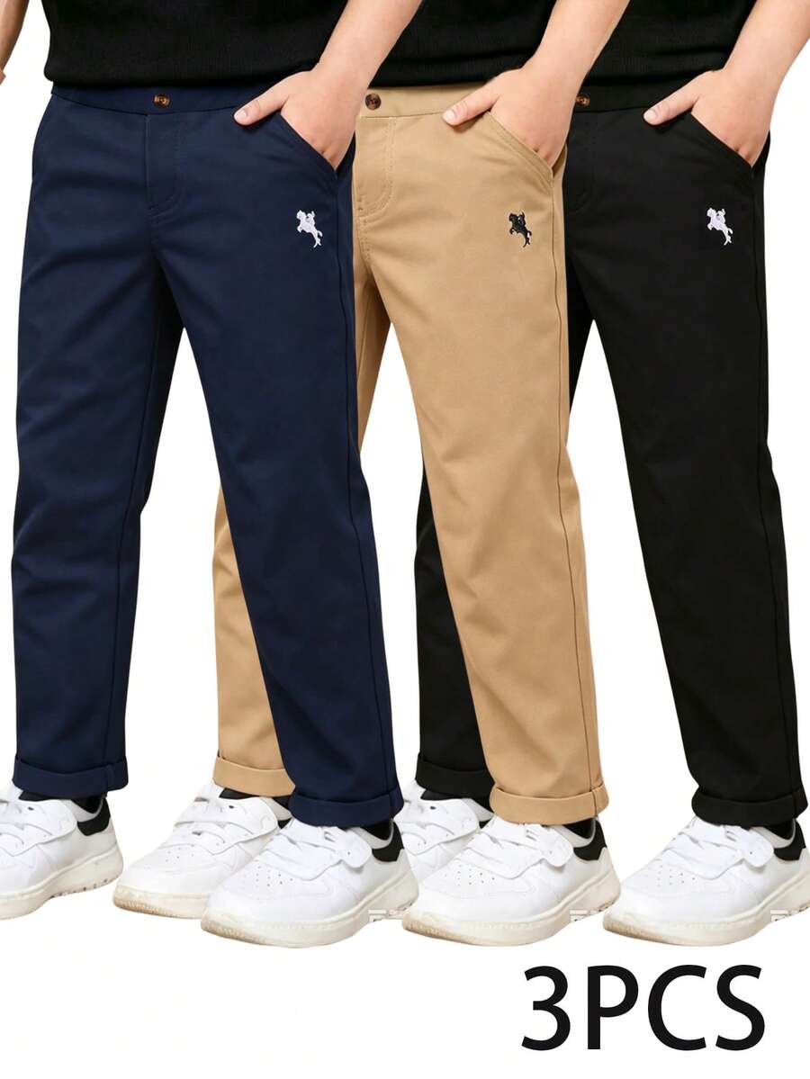 SHEIN 小男孩休閒舒適素色長褲多件套裝,單鈕扣裝飾與斜口袋,簡單方便的鬆緊腰設計,適合日常穿著、旅行、派對、假期,百搭時尚穿搭,婚禮季節、開學季節 - 彩色 - 查看 1