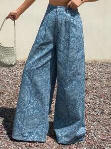 Livesso Summer Floral Print All-Over Print Casual Sexy Boho Loose Straight Leg Long Pants Women's Jeans Vacation White Swimming - Blue - View 7