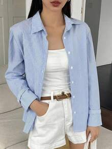 DAZY 春夏秋女款寬鬆休閒落肩長袖鈕扣領藍白細條紋布料襯衫 - 藍色 - 查看 7