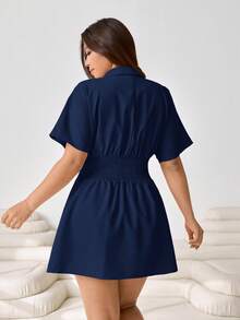 Solflare Plus Size Women's Solid Color Pleated Casual Party Short Sleeve Dress - Navy Blue - View 2