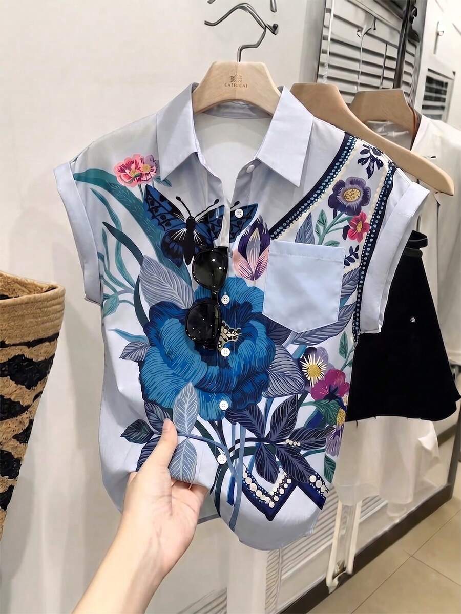Resyla 女款春夏藍色蝙蝠袖口袋休閒出遊通勤襯衫 - 藍色 - 查看 1