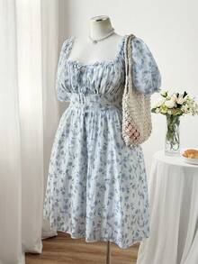 Sweetra Plus Size Elegant Floral & Plaid Print Tie-Waist Dress, Suitable For Spring/Summer Vacation - Blue - View 5