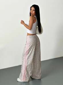 SHEIN PETITE 女款彈性腰休閒運動風百搭通勤城市度假寬腿運動褲 豹紋印花下擺 淺灰色 秋季 小個女款 - 彩色 - 查看 8