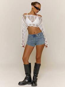 MUSERA Transparentes strukturiertes gestricktes Langarm-Crop-Top, Strandmode, süß, Festival, Frühling, Sommer, Urlaub, Ferien, klassisch, elegant, Ausgehen, Date-Night - Weiss - Übersicht 4