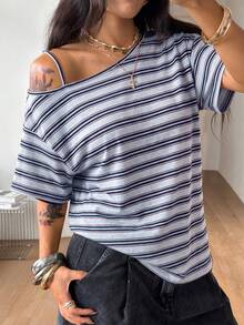 Coolane Women's Striped Asymmetrical Shoulder Short Sleeve Casual Loose Versatile T-Shirt - Baby Blue - View 8