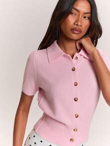 SHEIN BAE Solid Color Lapel Waist-Cinching Slim Fit Short Sleeve Women's Cardigan Sweater - Pink - View 3