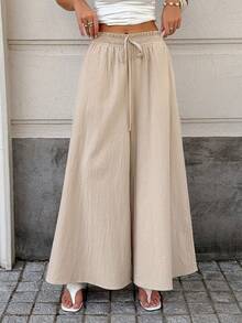 Cévolie Pantalones anchos de pierna ancha con cordón de algodón - Caqui - Ver 3