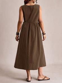 Freevana Plus Size Women Solid Color Round Neck Casual Boho Sleeveless Dress Vacation Brown Summer - Coffee Brown - View 2