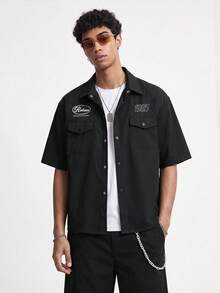 SWAVVY Conjunto de camisa de manga corta con bolsillo y botones de un solo pecho bordada y pantalones cortos con bolsillo de parche y botones para hombres - Negro - Ver 3
