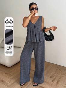 Dazy Plus Blogger Style Casual 2-Piece Set, V-Neck Sleeveless Crop Top And Elastic Waist Loose Long Pants, Plus Size Women Spring/Summer - Dark Grey - View 1