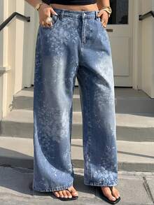 Dazy Plus Jeans rectos y holgados con estampado para mujer de talla grande, pantalones casuales de estilo callejero para vacaciones, primavera/verano - Azul lavado medio - Ver 5