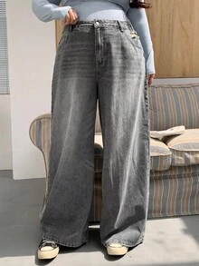 Dazy Plus Jeans vaqueros de pierna ancha y larga con efecto desgastado y lavado para tallas grandes - Gris - Ver 5
