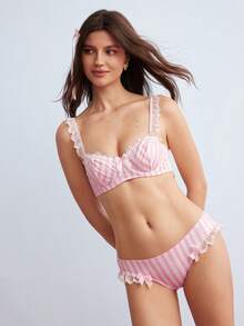 Elorette 2pcs Pink 1/2 Cup Push Up Underwire High Support Lace Patchwork Bow Sweet Cute Women's Lingerie Set - Pink - View 7