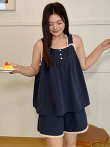 Dazy Plus 纯色休闲撞色蕾丝边宽松吊带背心和短裤睡衣套装，大码女式春夏家居服 - 藏蓝色 - 查看 8