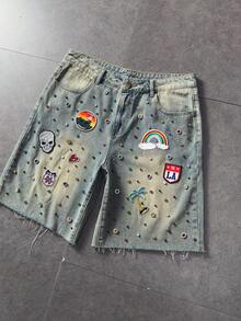 ROMWE MEN Street Life Men's Frayed Hem Denim Shorts With Pockets - Bronze - View 7