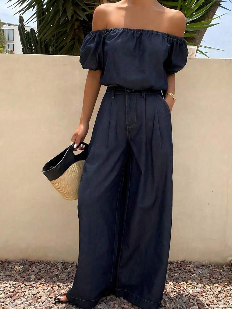 Women's Off-Shoulder Cropped Top And Loose Straight Leg Jeans Vacation Set