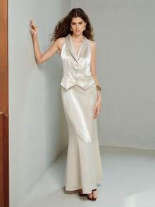 MOTF PREMIUM SATIN HALTER NECK 2 IN 1 MERMAID STYLE LONG DRESS FOR WOMEN WEDDING PARTY MOTHER OF THE BRIDE CHAMPAGNE SUMMER SEXY DISCO - Apricot - View 1