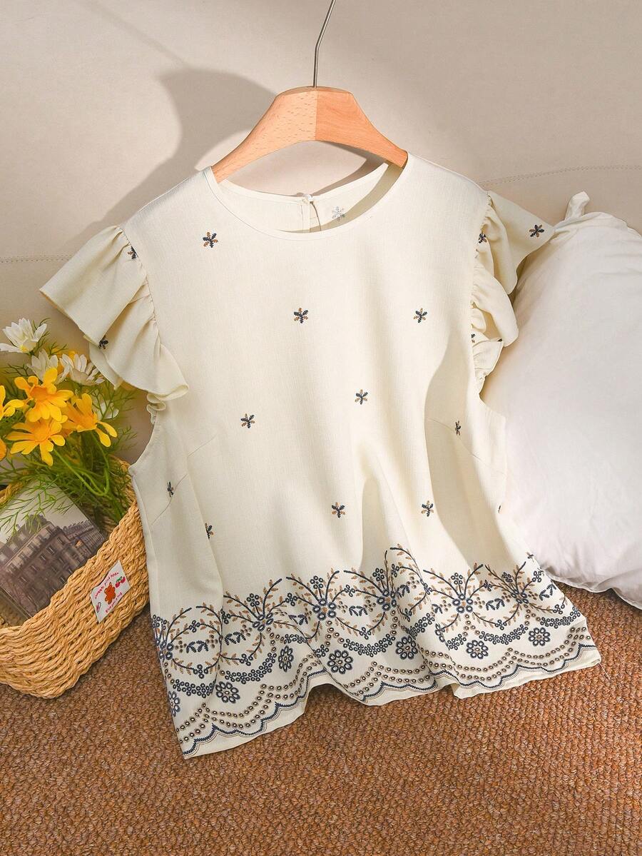 CosyJoli Plus Size Women's Casual Formal Elegant Round Neck Ruffle Sleeve Beige Blouse Summer Going Out Birthday Tea Party Wedding Guest Daily Homewear Shirt