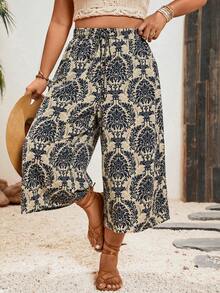 Freevana Plus Size Women's All-Over Print Casual Versatile Daily Wear Capri Pants - Black - View 7