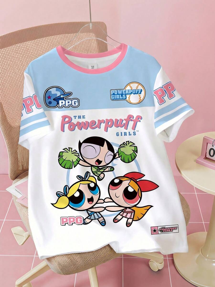 THE POWERPUFF GIRLS X SHEIN 少女休闲撞色卡通图案圆领短袖T恤,夏季 - 白色 - 查看 1