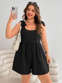 Solflare Plus Size Women's Solid Color Shoulder Knot Sleeveless Romper - Black - View 4