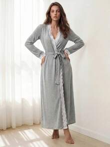 Liftille Women's Long Sleeve Lace Trim Robe And Spaghetti Strap Elegant Sleep Dress Pajama Set, Fall Winter Clothes Cozy And Elegant Details - Grey - View 1