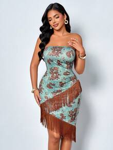 SOLERSUN Ropa de mujer primavera/verano: estilo elegante y relajado, estampado floral, tela de punto elástico, sin mangas, sin tirantes, ajustado, fruncido, dobladillo asimétrico, decoración de borlas, vestido midi (floral aleatorio) - Verde claro - Ver 8