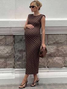 MaterniWear 孕婦圓領無袖波點印花洋裝 - 棕色 - 查看 4