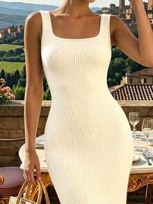 Balvessa Women's Square Neck Sleeveless Ribbed Fitted Fishtail Hem Sweater Dress, Spring/Summer - Apricot - View 3