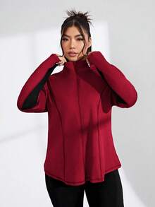 SHEIN Rhythm Era 大尺碼女款翻領拉鍊時尚寬鬆運動上衣 - 酒紅色 - 查看 5