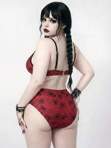ROMWE Goth 大尺碼女款 2 件式隨機蜘蛛網印花時尚度假日常極簡休閒深 V 領性感高腰三角褲收腹顯瘦哥德風分體比基尼套裝 - 紅色 - 查看 2